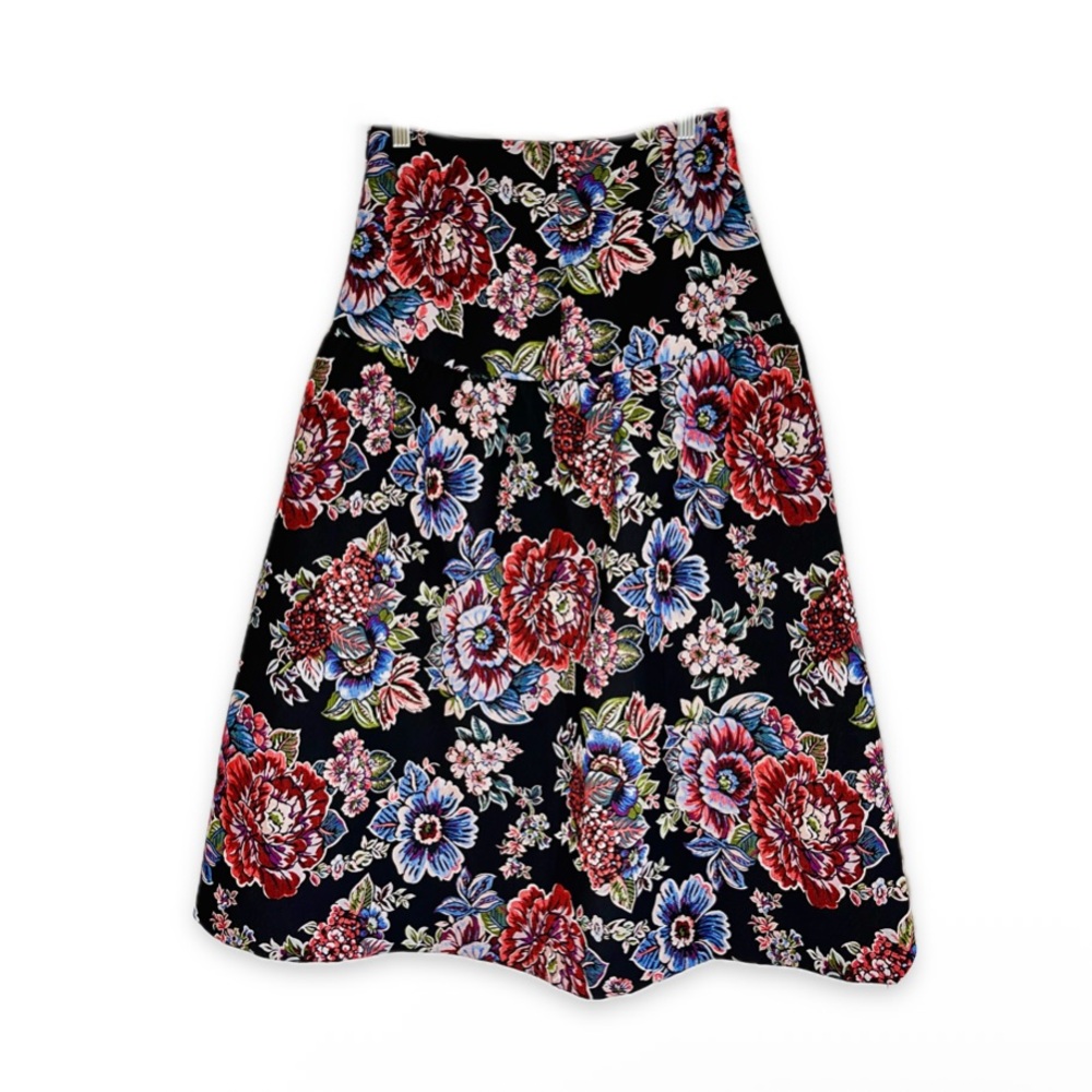 ZARA Floral Jacquard Fall Midi Skirt Black Multicolor Romantic Embroidered S